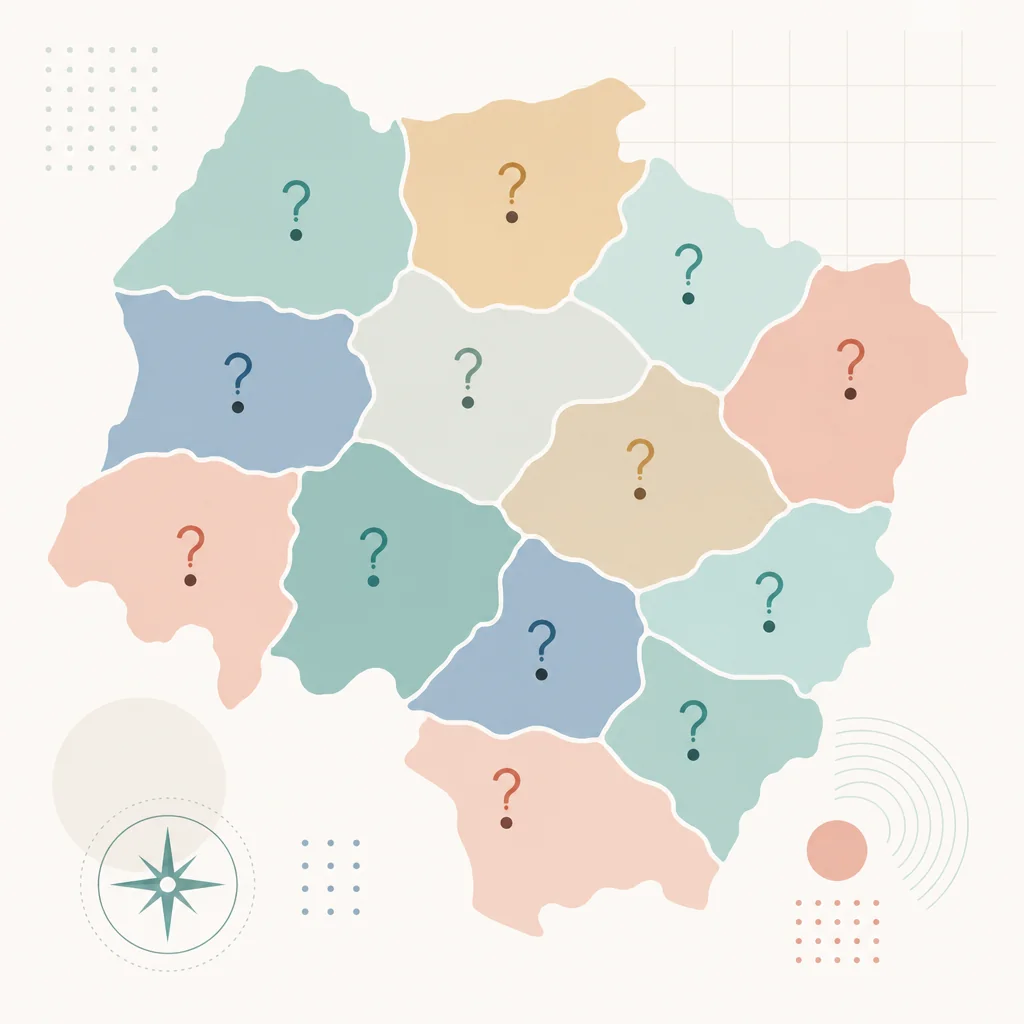 Abstract pastel map with region blocks and question mark markers representing local law variation