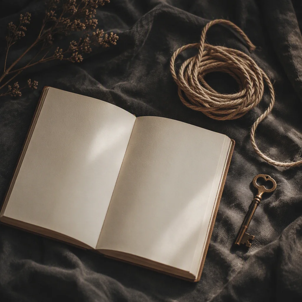 Editorial photograph of an open notebook, a brass key and a coil of cotton rope on dark linen, representing kink in non-monogamous relationships