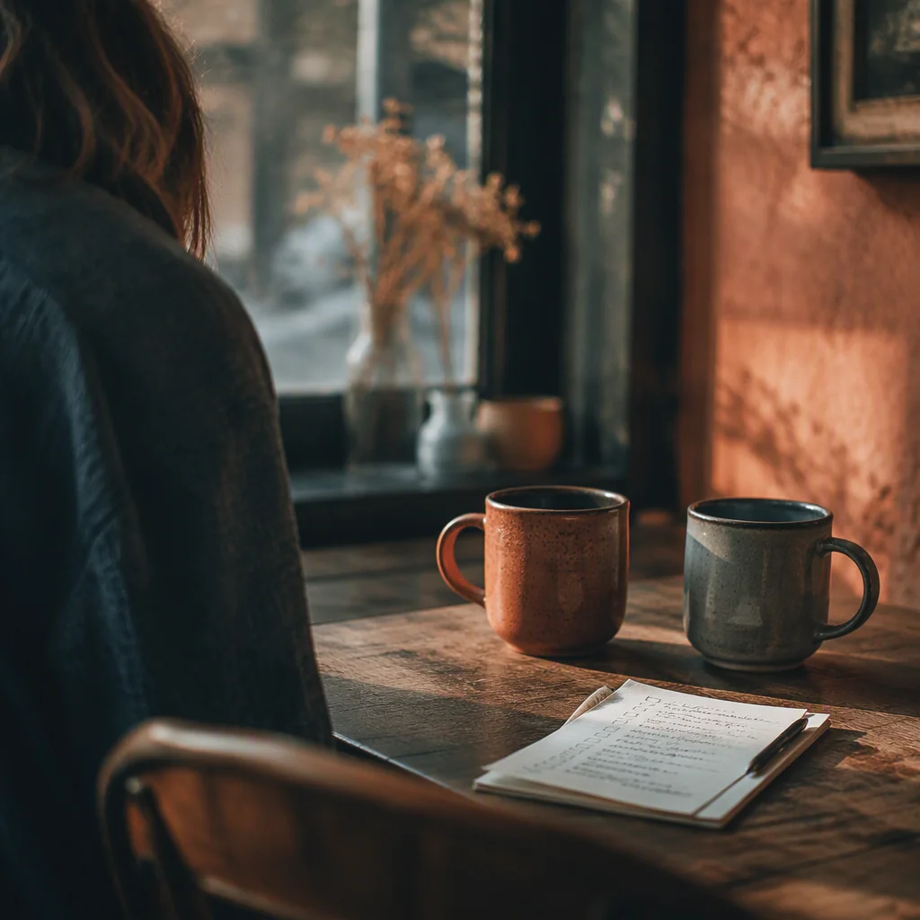 Editorial photograph of two ceramic mugs and a handwritten checklist on a wooden table in afternoon light, representing a negotiated conversation