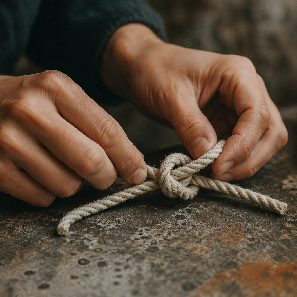 Editorial photograph close-up of hands tying a simple knot in cotton rope on a stone surface, representing careful negotiation