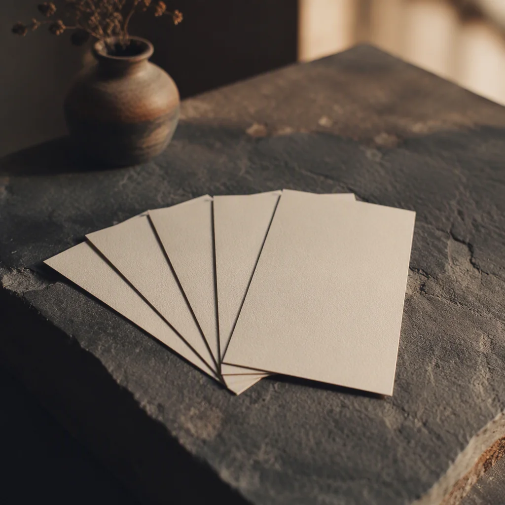 Editorial photograph of six blank cream cards fanned out on a dark slate slab, representing scenarios and options
