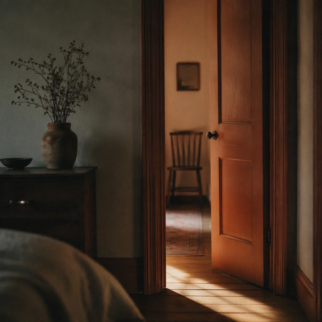Editorial photograph of a slightly open door with warm light spilling onto a wooden floor, representing disclosure and privacy choices