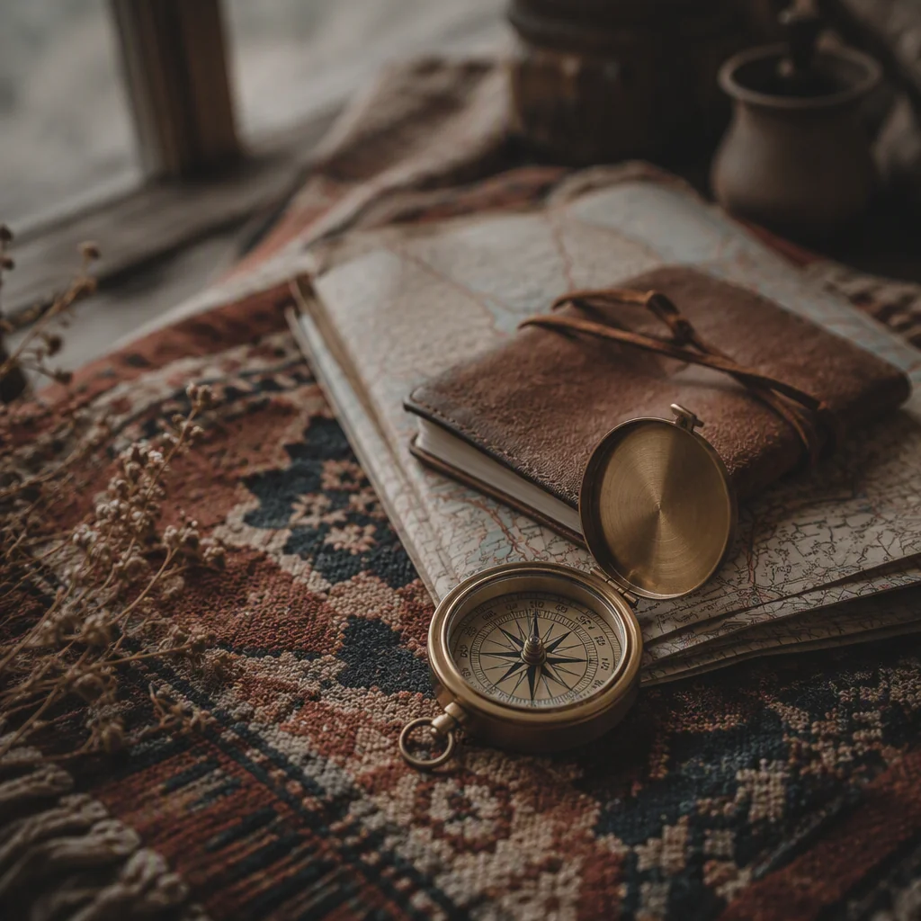 Editorial photograph of a brass compass, a folded map and a notebook on a woven textile, representing planning kink in non-monogamous relationships