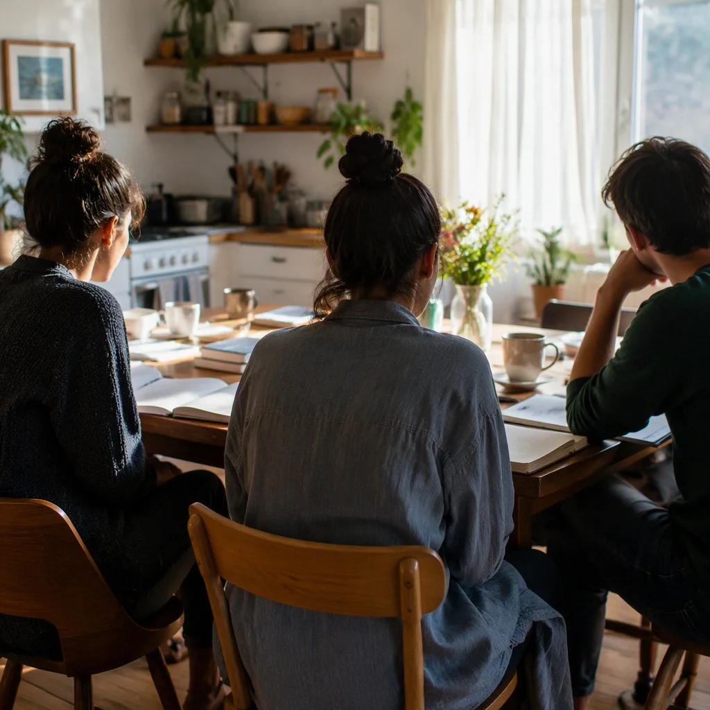 Living together in polyamory: three people planning a shared home at a kitchen table