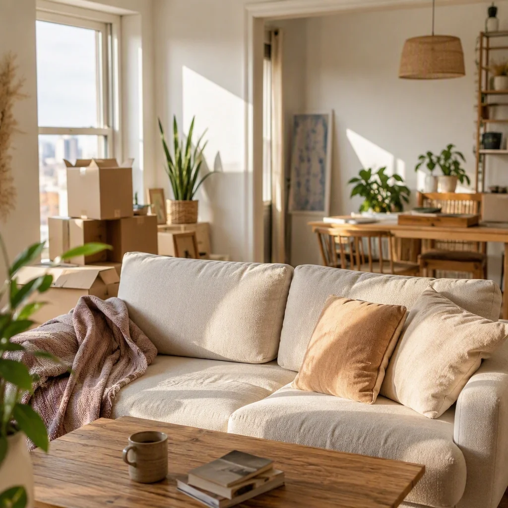 Sunlit open-plan living room with a couch, houseplants and unpacked moving boxes