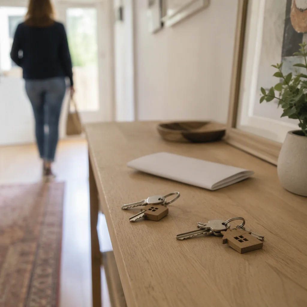 Two sets of house keys and a folded lease document on a hallway console table