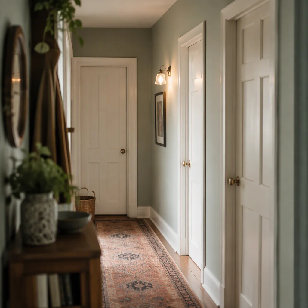 Hallway with three closed bedroom doors in a warmly lit shared home