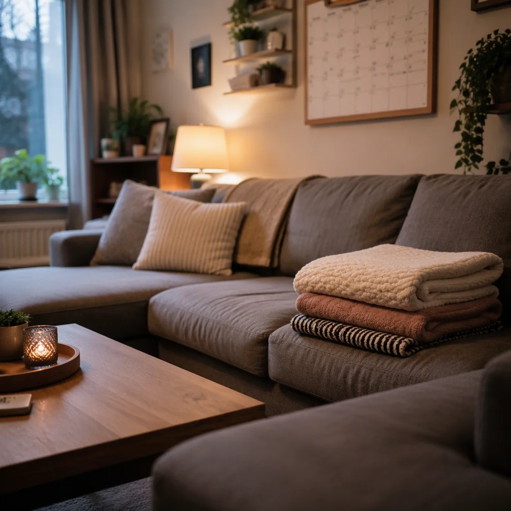 Living room couch with three folded blankets and a wall calendar in evening lamplight