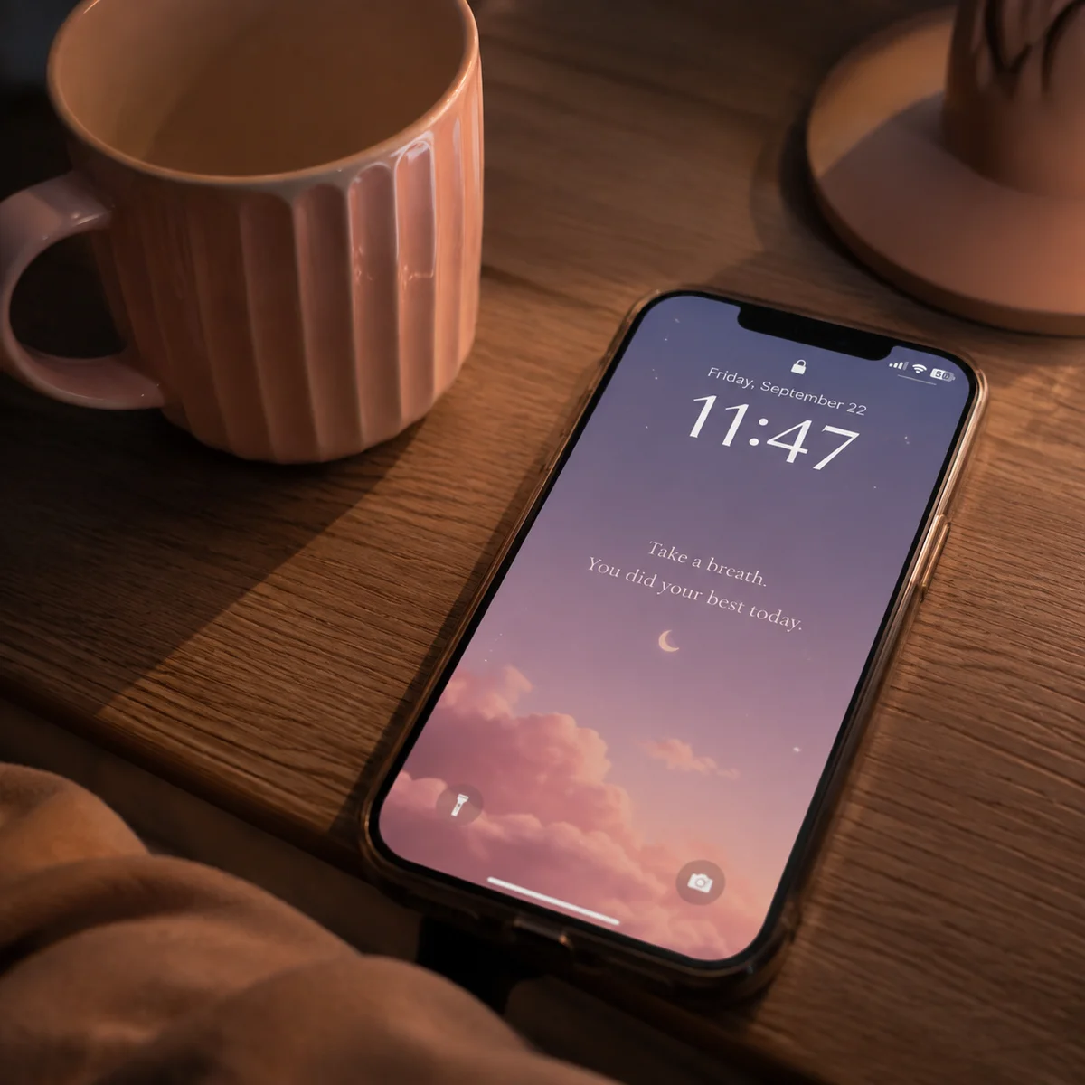 A phone resting on a table beside an empty mug at night