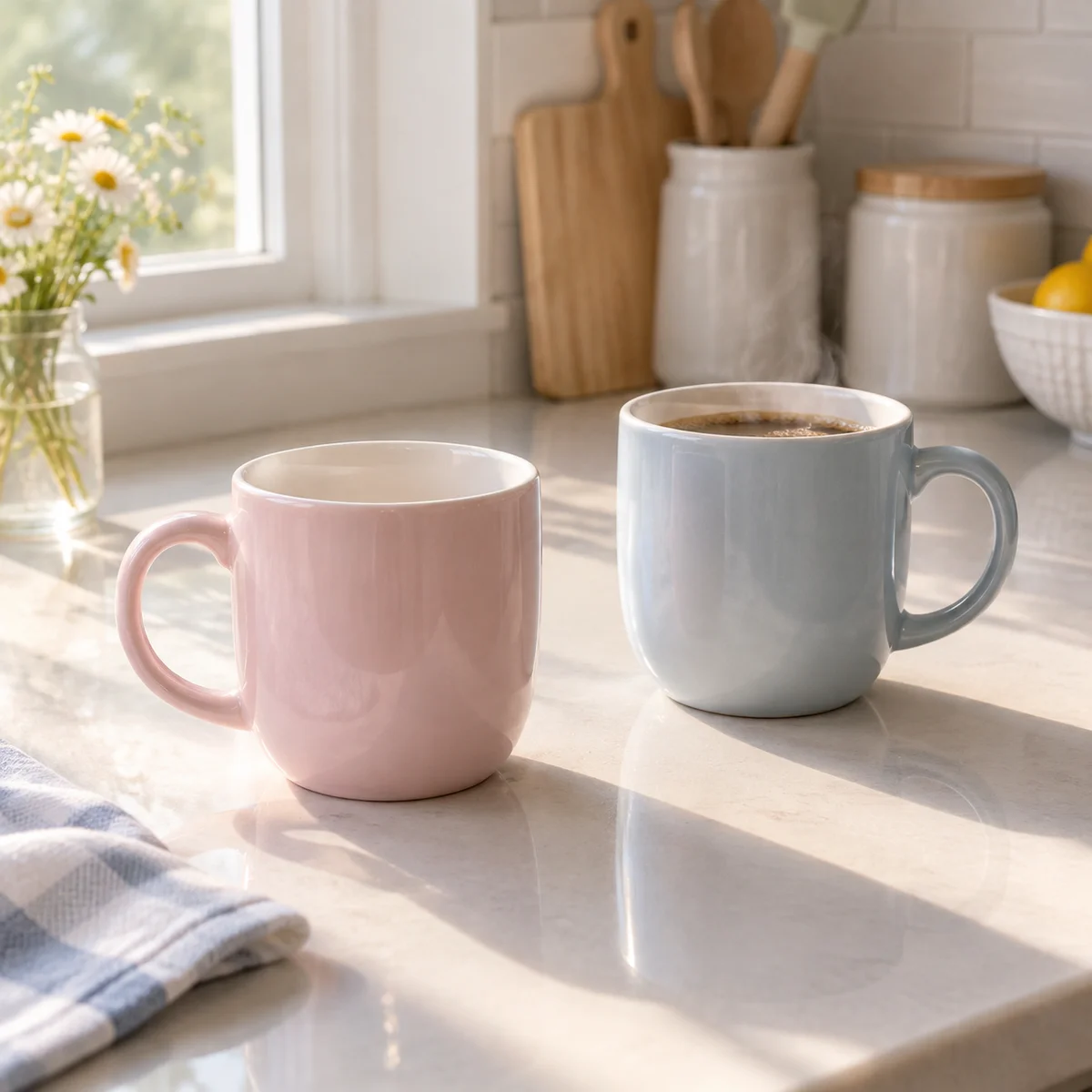 Two mugs on a kitchen counter, one of them unused