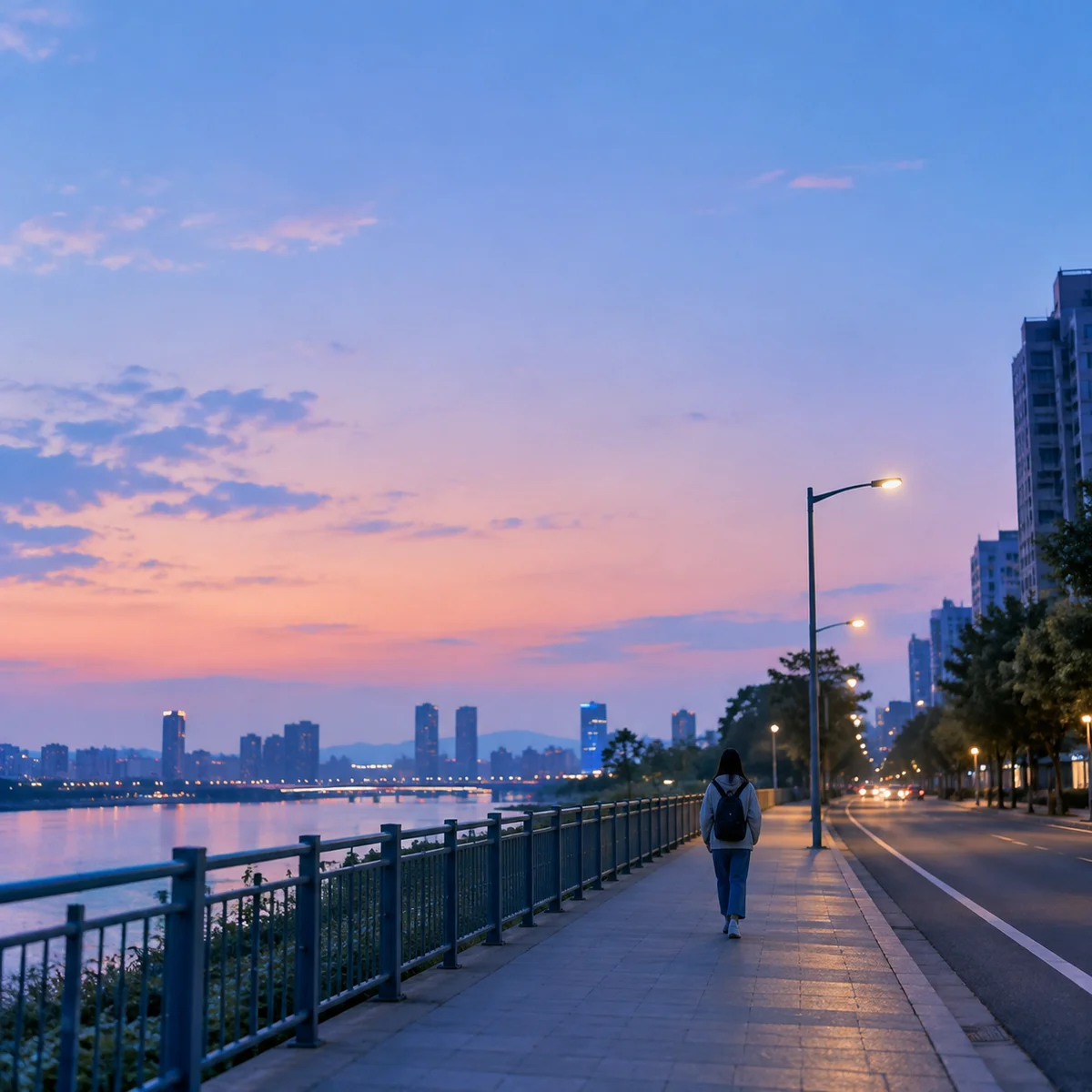 A person walking alone through a city at dusk