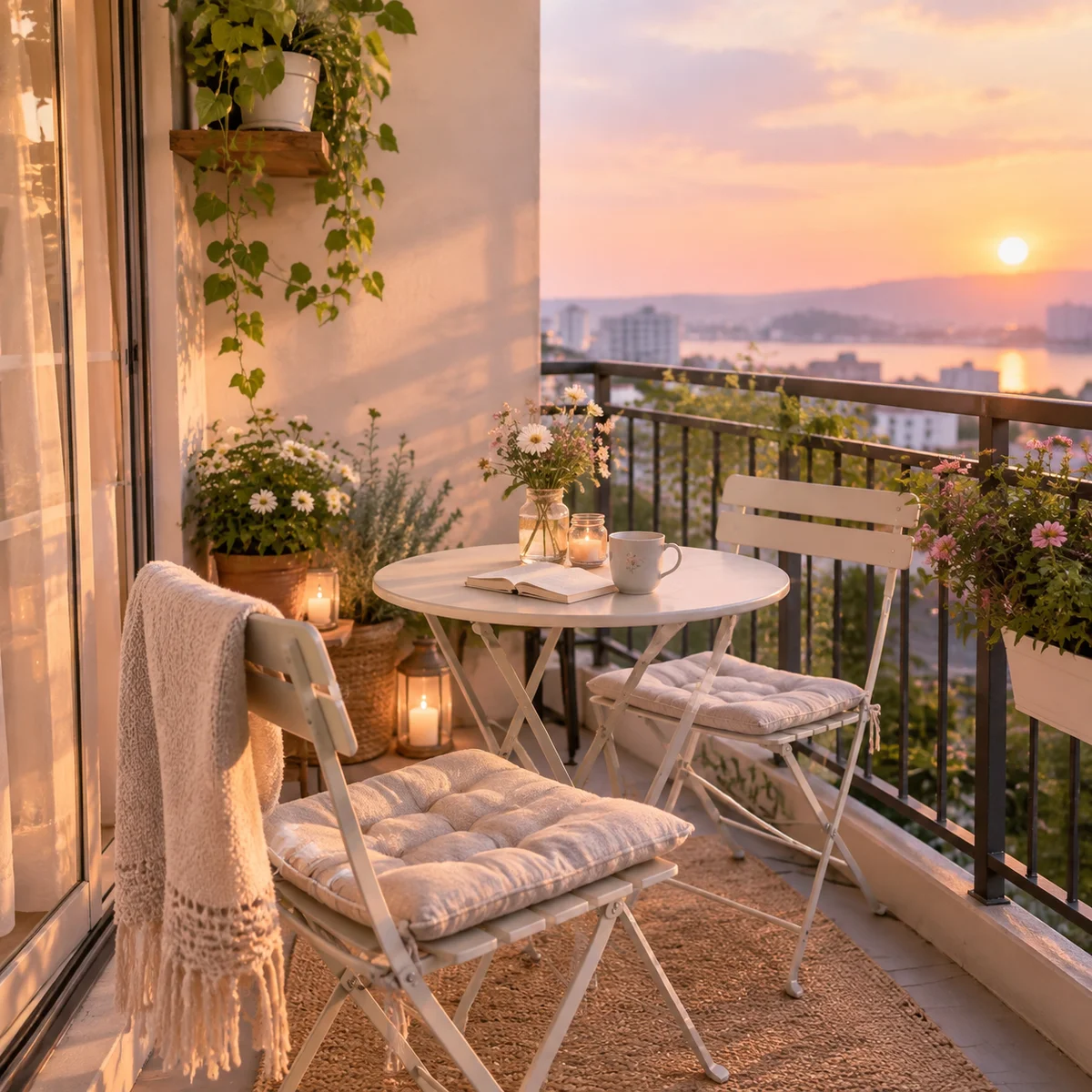 Two balcony chairs with one of them empty