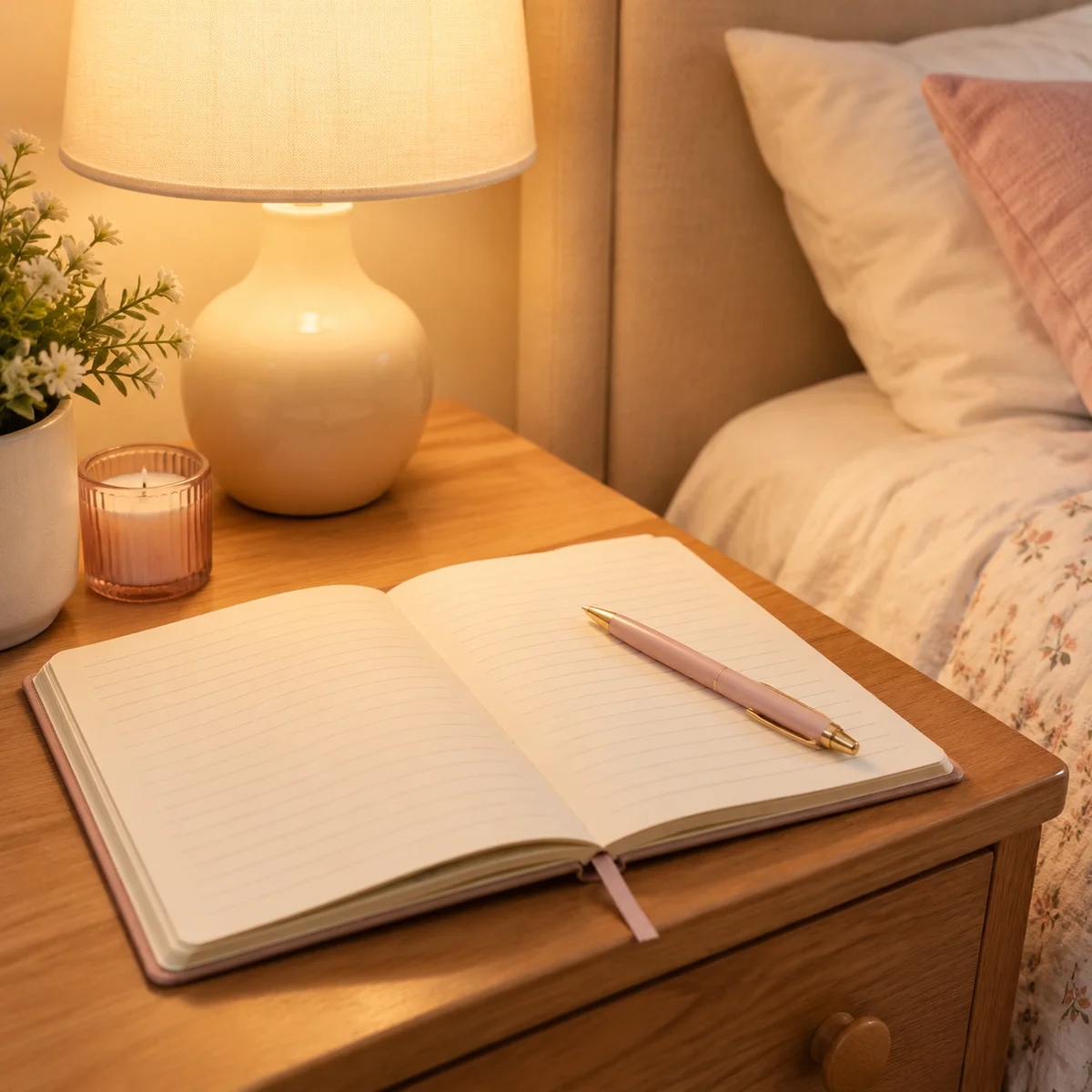 An open notebook and pen beside a lamp on a bedside table