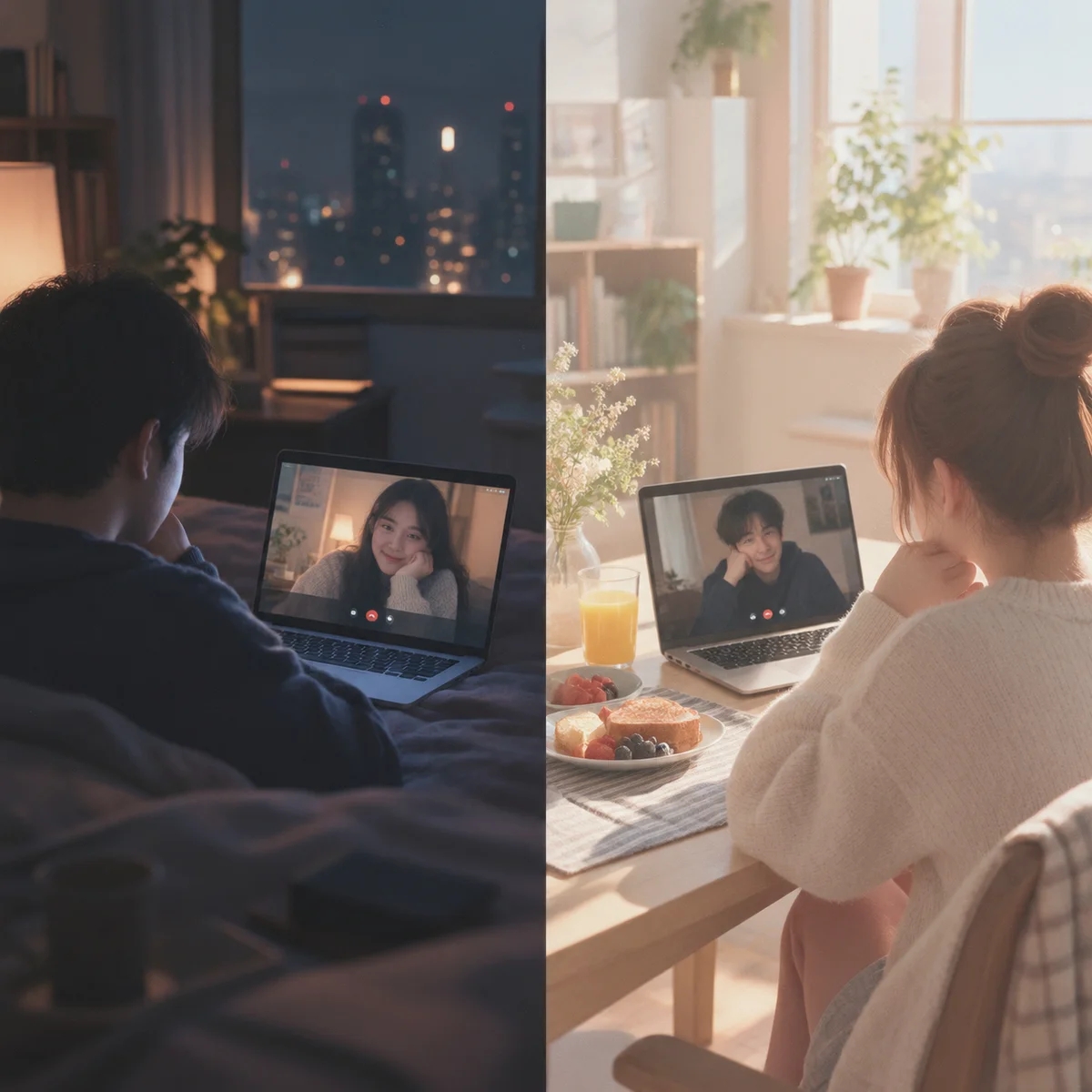 Editorial photograph showing a split frame of one room at night with a video call and the same room in morning light, illustrating long-distance polyamory across time zones