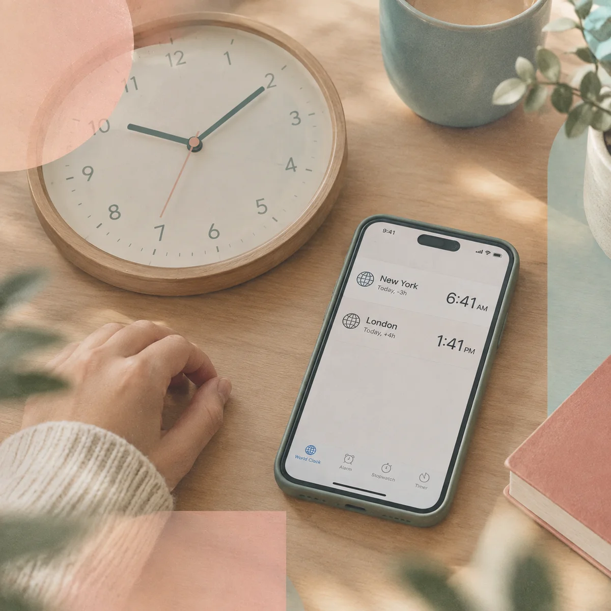 Editorial photograph of a wall clock next to a smartphone displaying two different world times with pastel overlay