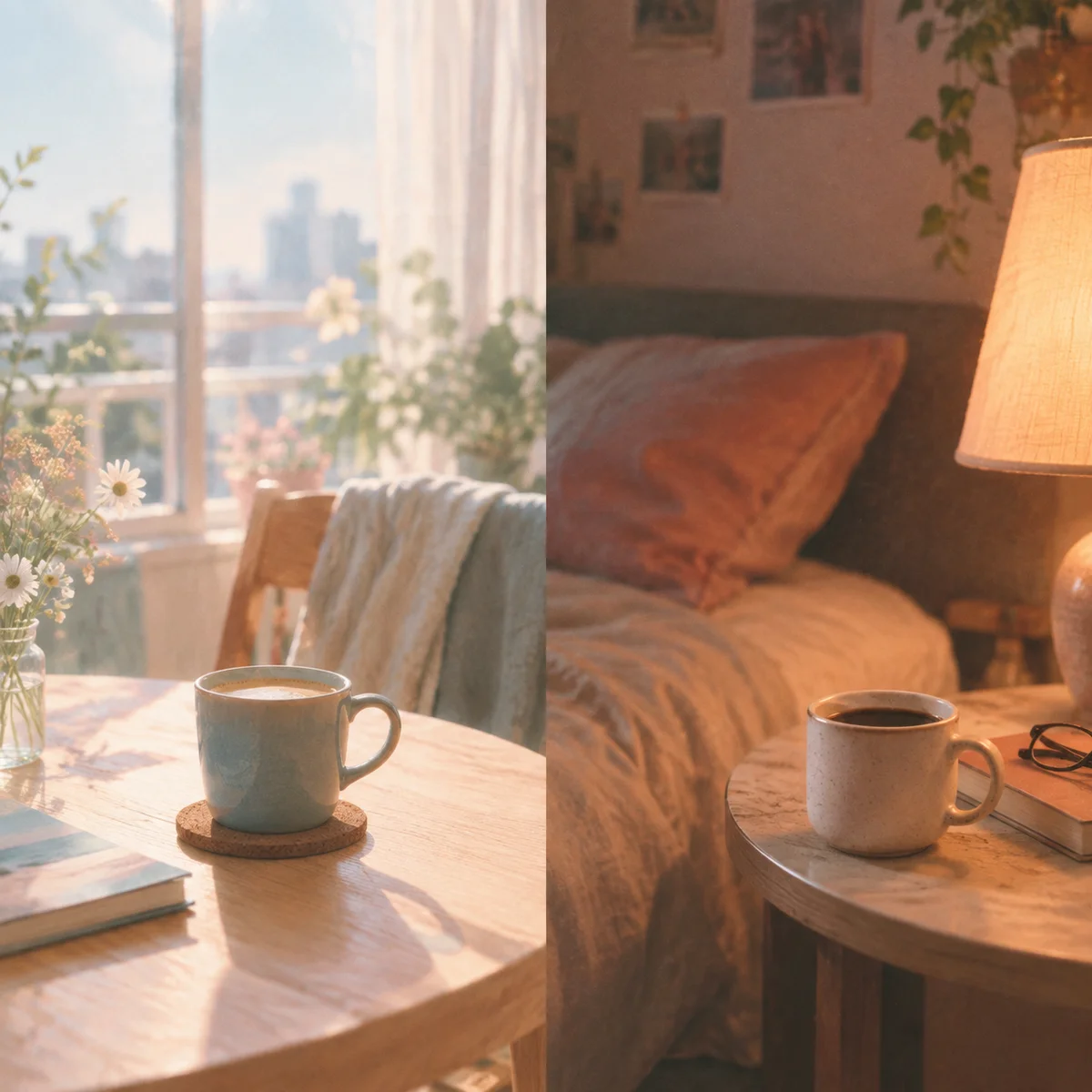 Editorial photograph of two coffee cups on separate tables, one in morning sunlight and one in warm lamplight