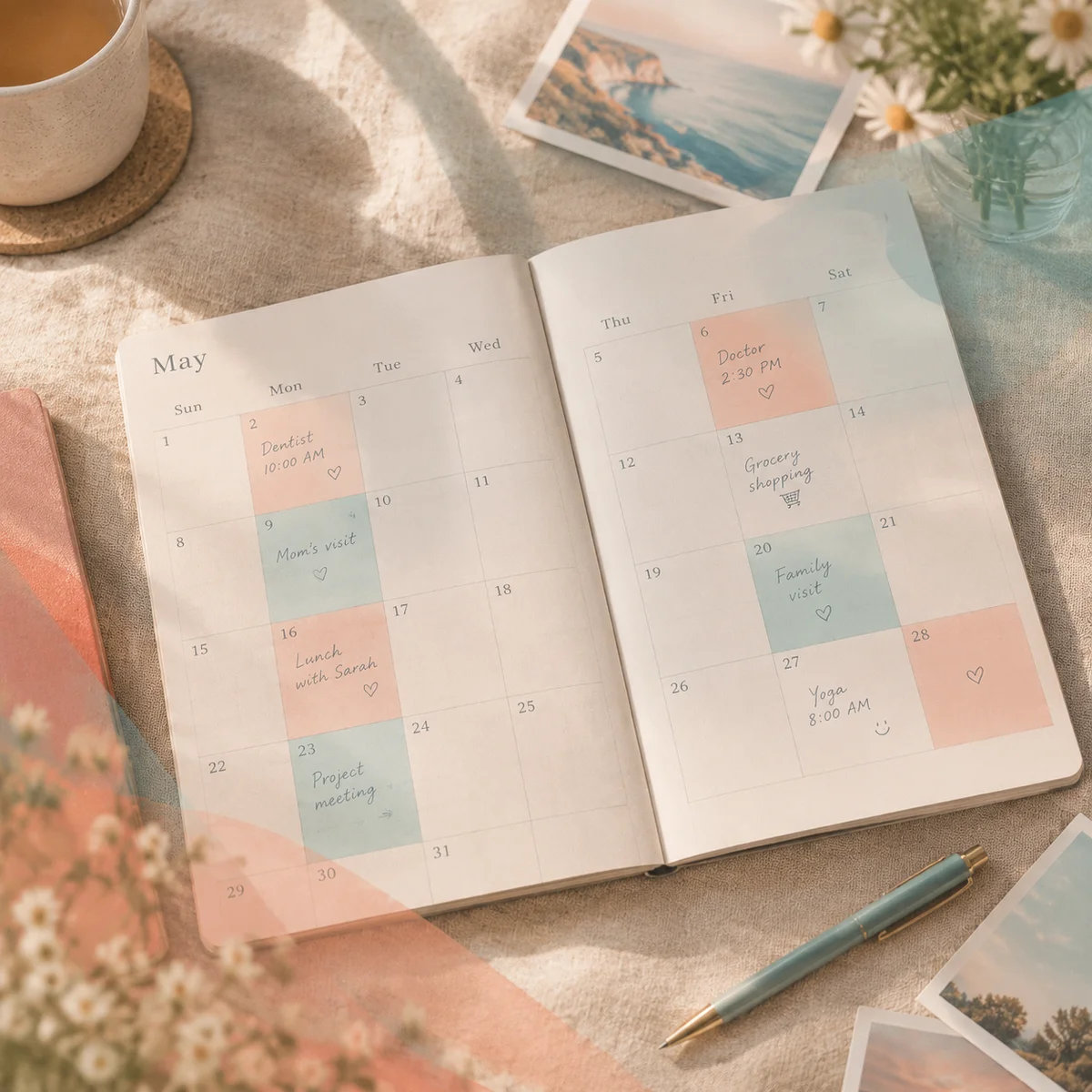 Editorial photograph flat lay of an open paper calendar on linen with handwritten notes and soft colored blocks