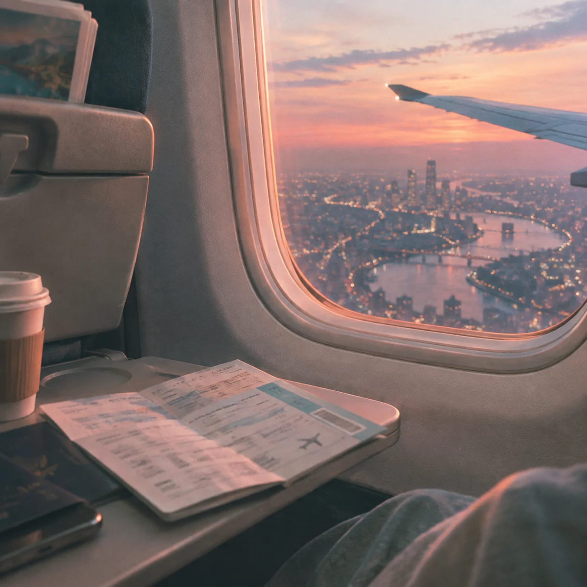 Editorial photograph of an airplane window at dusk with city lights below and a folded itinerary on the tray table
