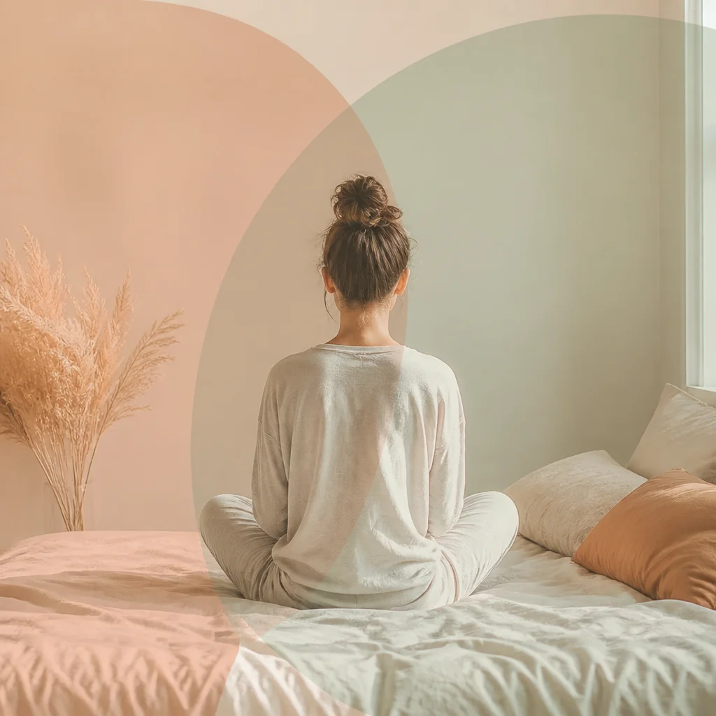 A person sitting calmly on a bed, illustrating self-regulation