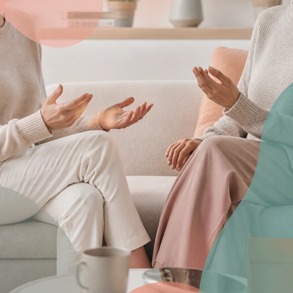 Two people having an honest conversation on a sofa