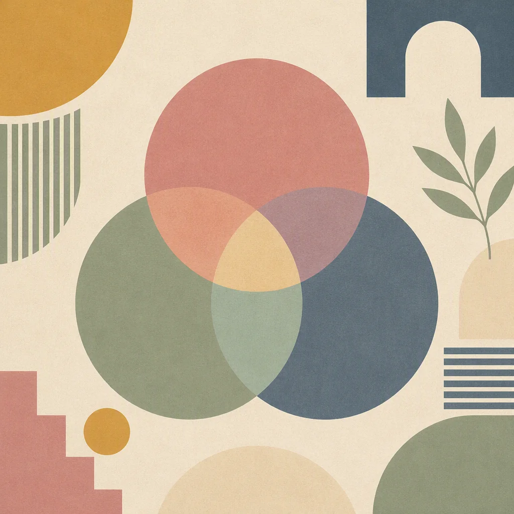 Geometric pattern of three overlapping circles forming a Venn diagram in dusty rose, sage and mustard, representing kink boundaries with multiple partners
