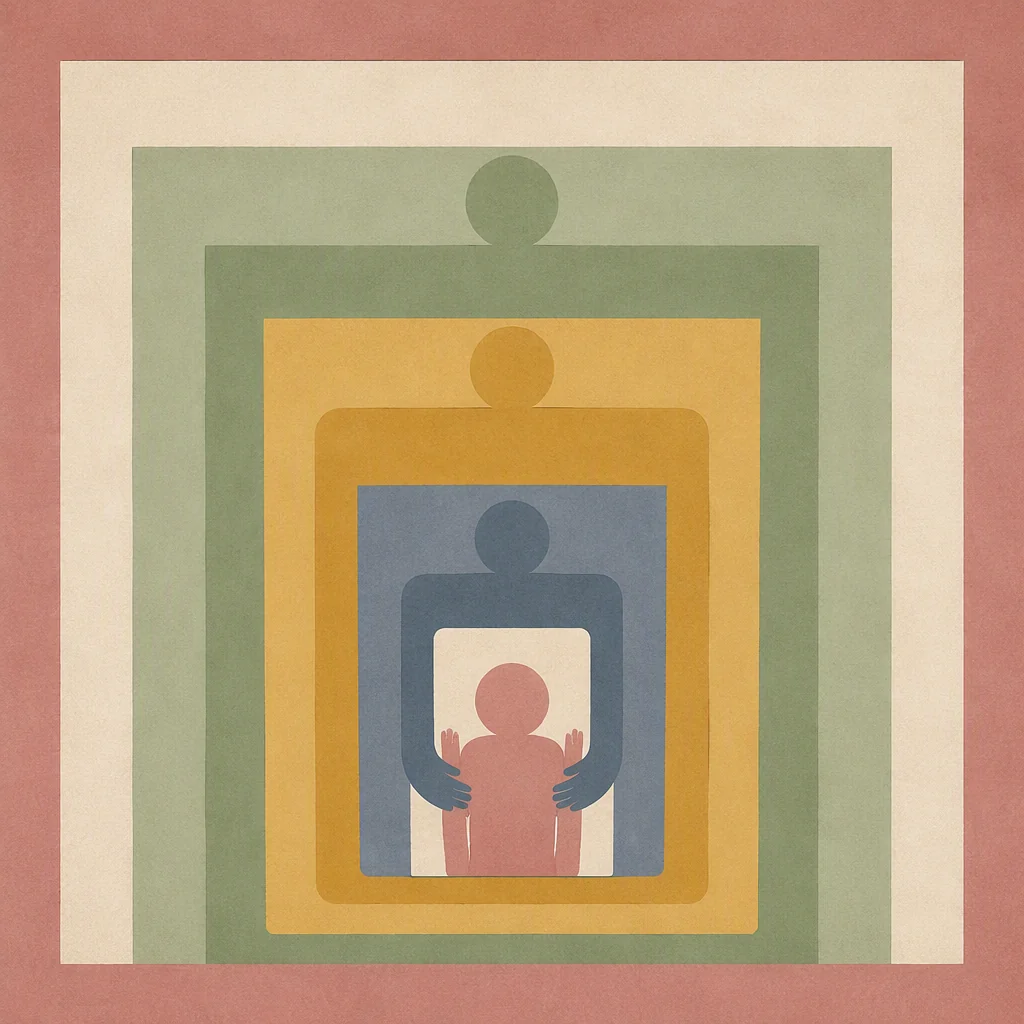 Geometric pattern of nested rectangles in muted teal, sand and cream, representing layered agreements