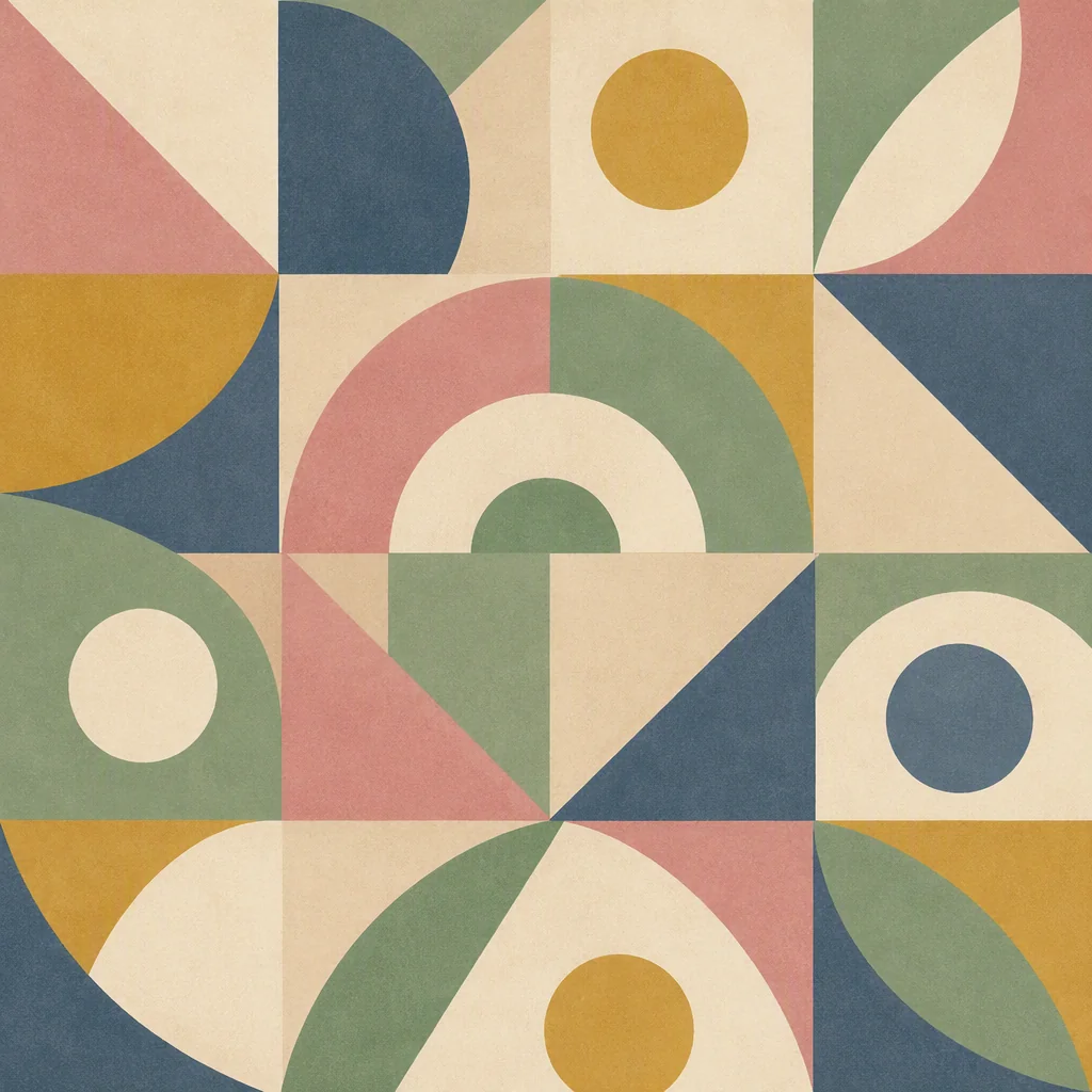 Geometric pattern of interlocking triangles and arcs in dusty rose and sage, representing balanced agreements between partners