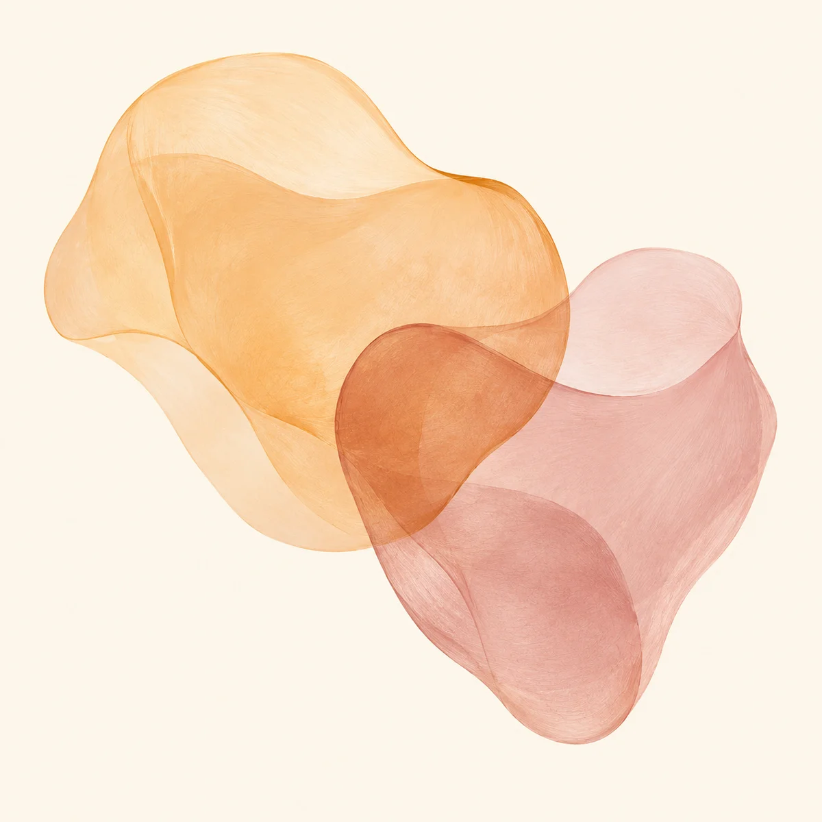 Soft abstract illustration of two overlapping shapes in amber and dusty rose on a pale cream background, representing non-monogamy after 50
