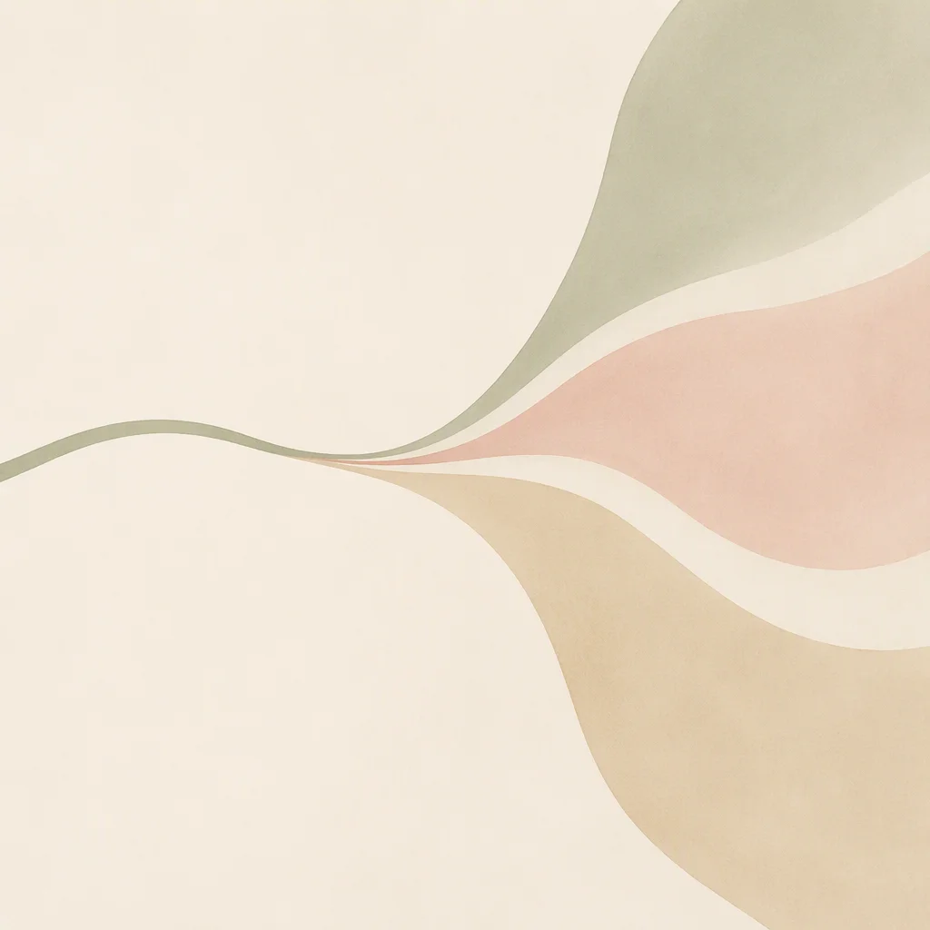 Soft abstract artwork of one curved line dividing into three gentle arcs in sage, blush and sand, desire changing shape with age