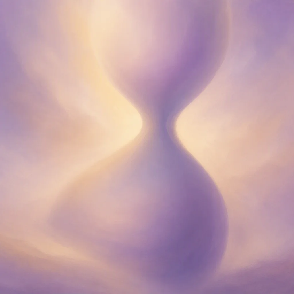 Soft abstract illustration of an hourglass form built from blurred pastel gradients in lavender and cream, time and energy in later life