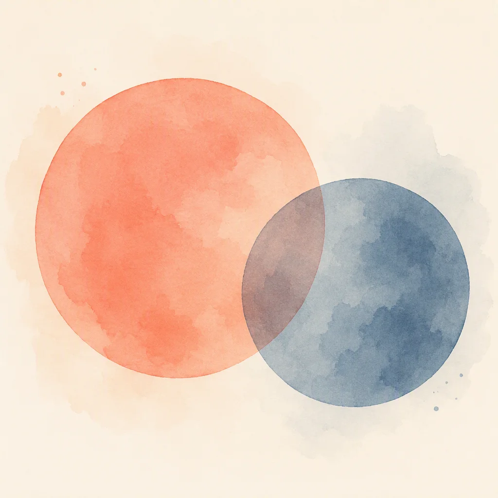 Soft abstract artwork of two circles of different sizes overlapping in coral and slate blue washes, agreements and boundaries in ENM