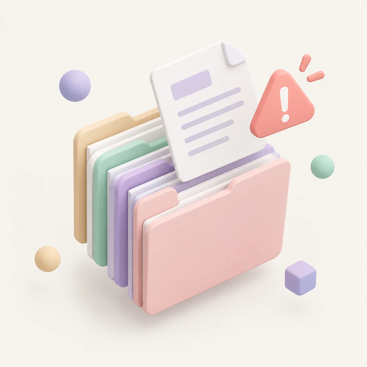Isometric document folders with a lifted sheet and a small alert triangle
