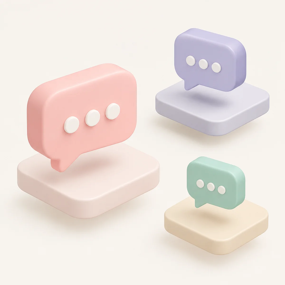 Three isometric chat bubbles at different heights on separate small platforms