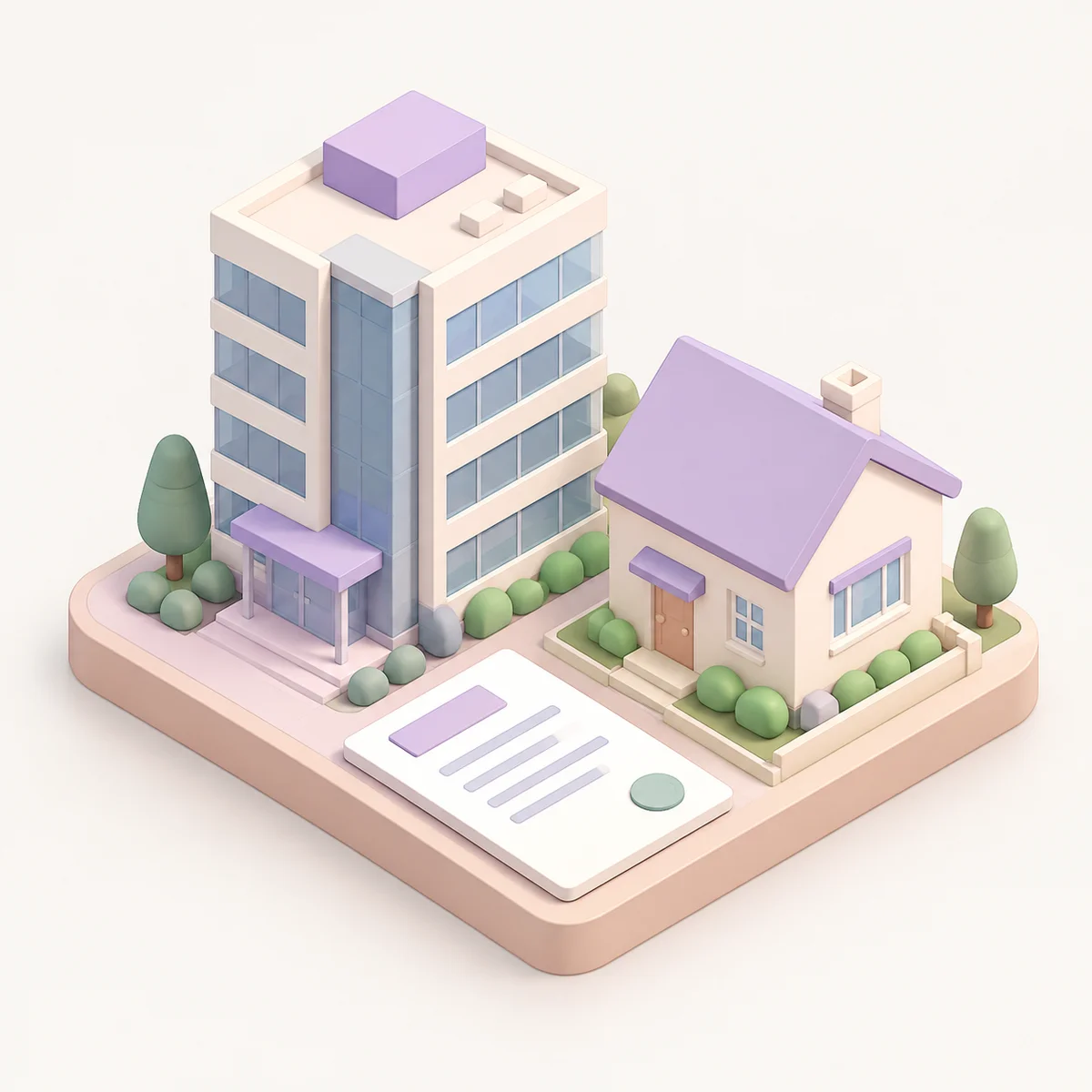 Isometric office building next to a small house and a document