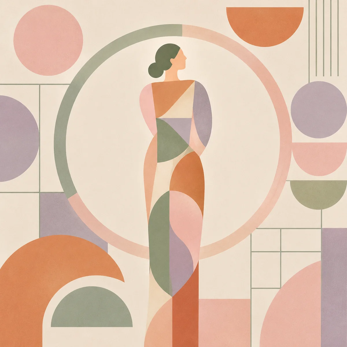 Geometric abstract figure inside a circular frame representing body image during perimenopause