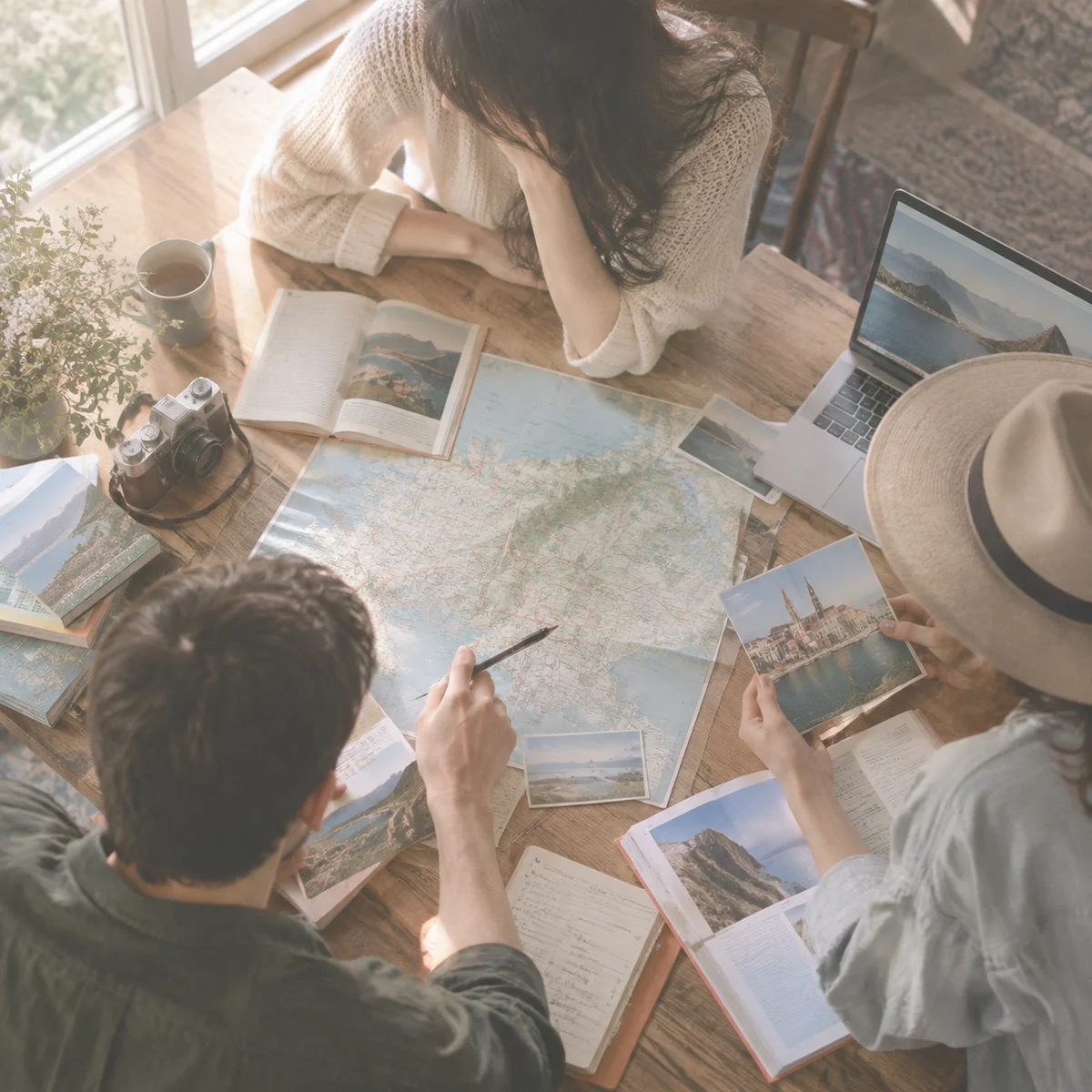 Three adults planning a vacation with multiple partners around a table of maps