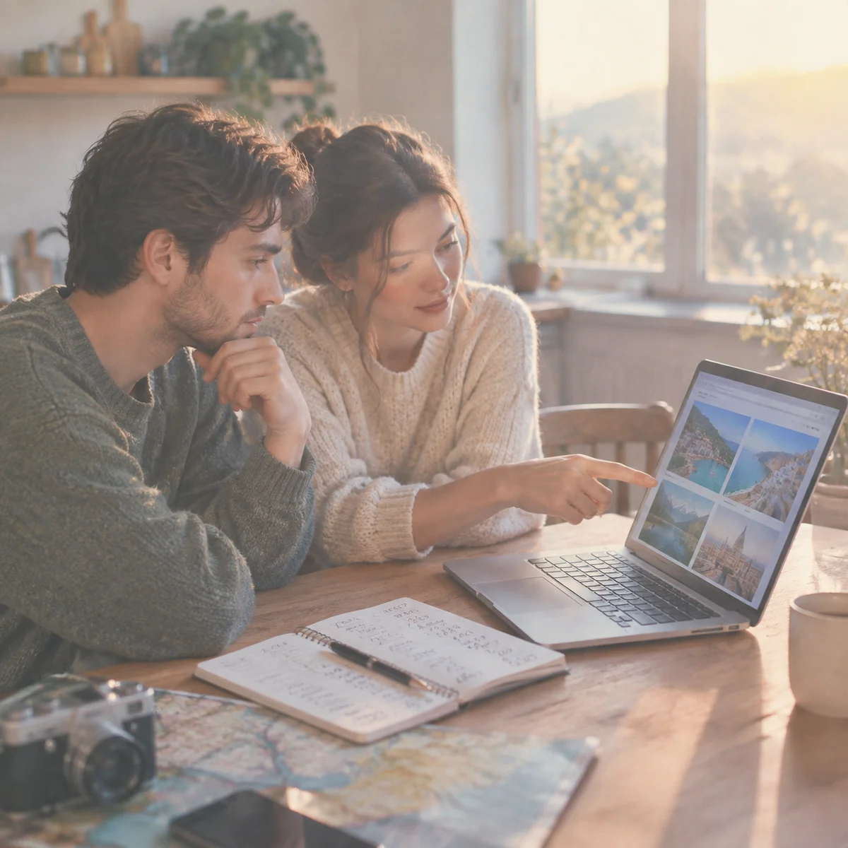 Adults comparing travel budgets and destination options on a laptop
