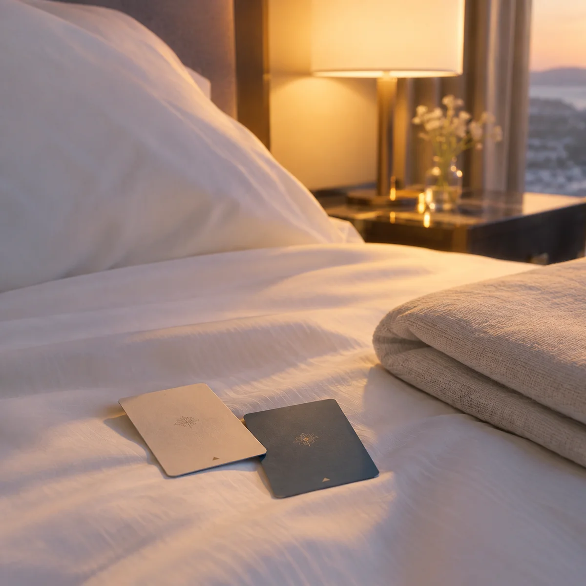 Two hotel room keys and separate beds laid out on a linen coverlet