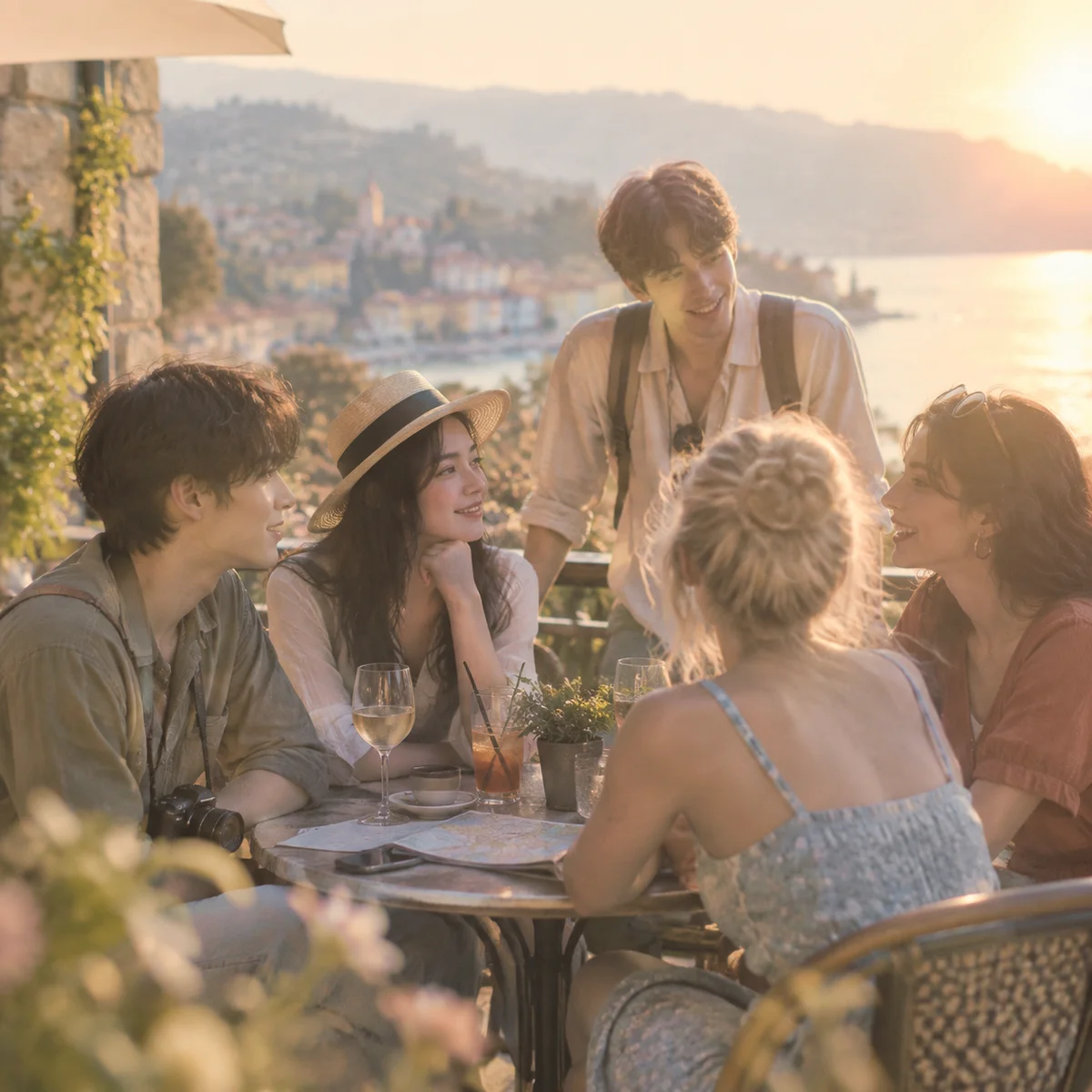 Small group of travellers talking with new people at an outdoor cafe