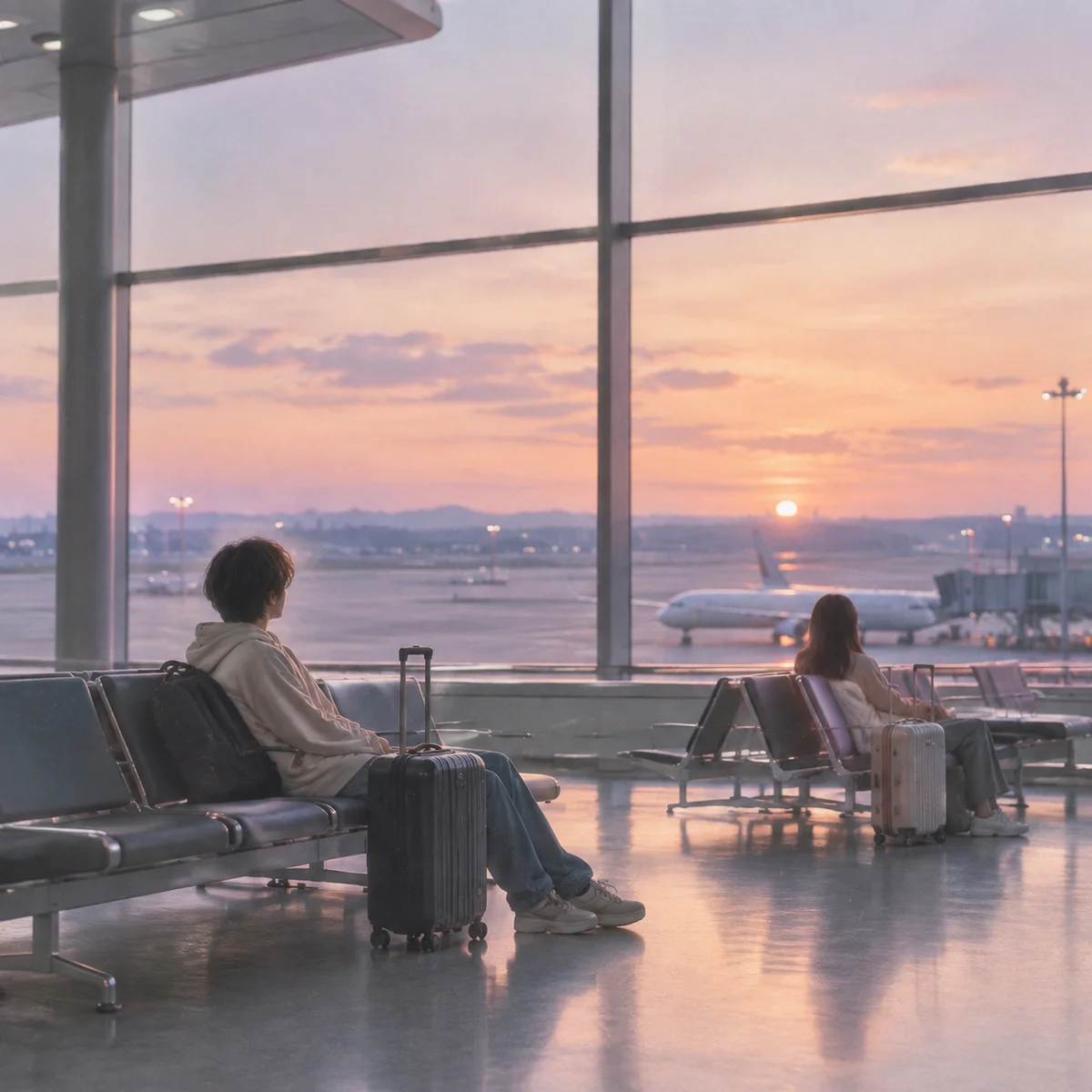 Quiet airport departure lounge at dusk with travellers resting