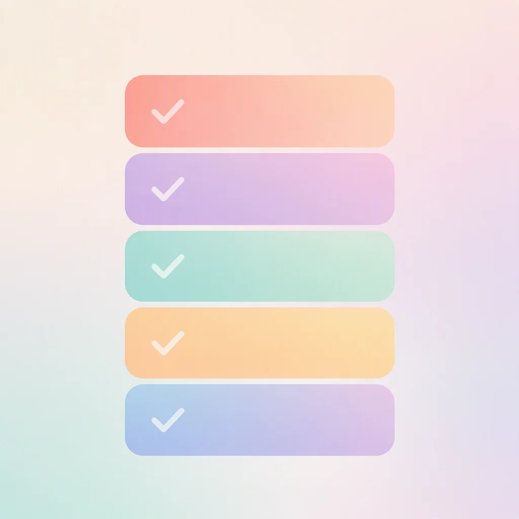 Five stacked rounded rectangles with check marks in pastel gradient tones