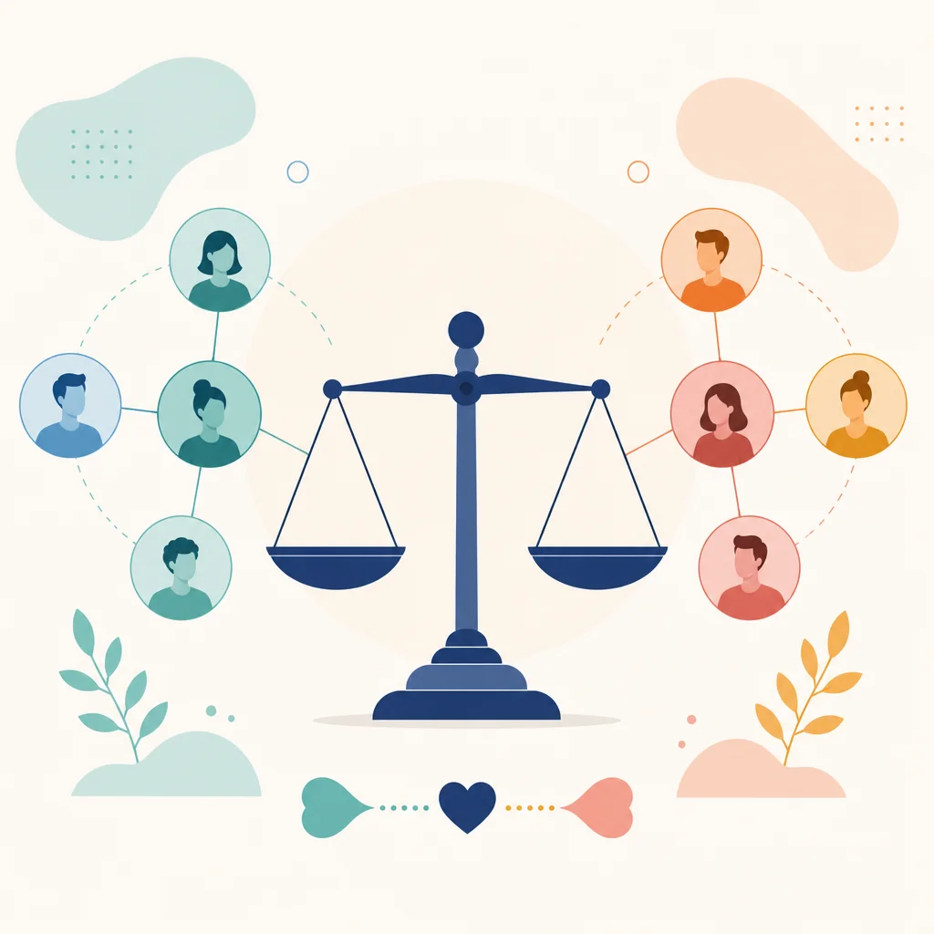 A balanced scale with relationship nodes, symbolizing commitment across multiple partners