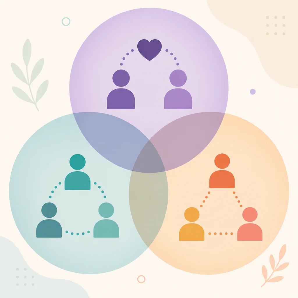 Three overlapping circles showing distinct relationship structures in polyamory