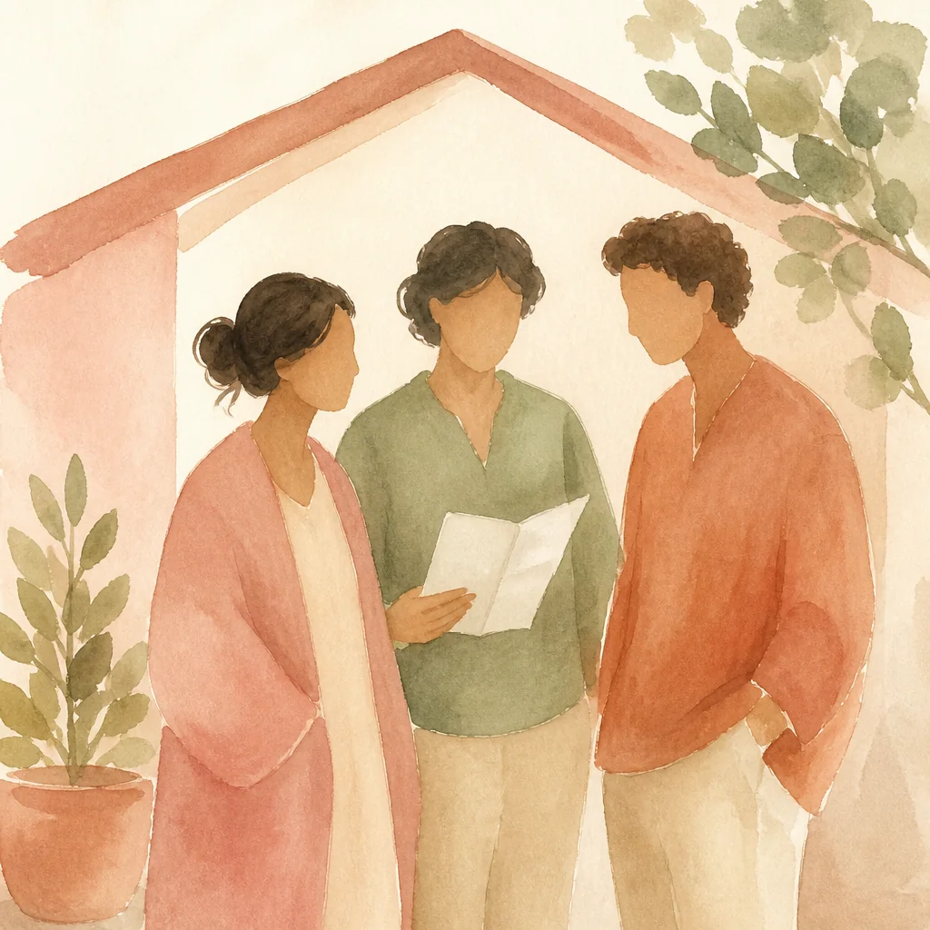 Soft watercolor illustration of three adults gathered beneath a painted roofline, about how to protect a polyamorous family with paperwork