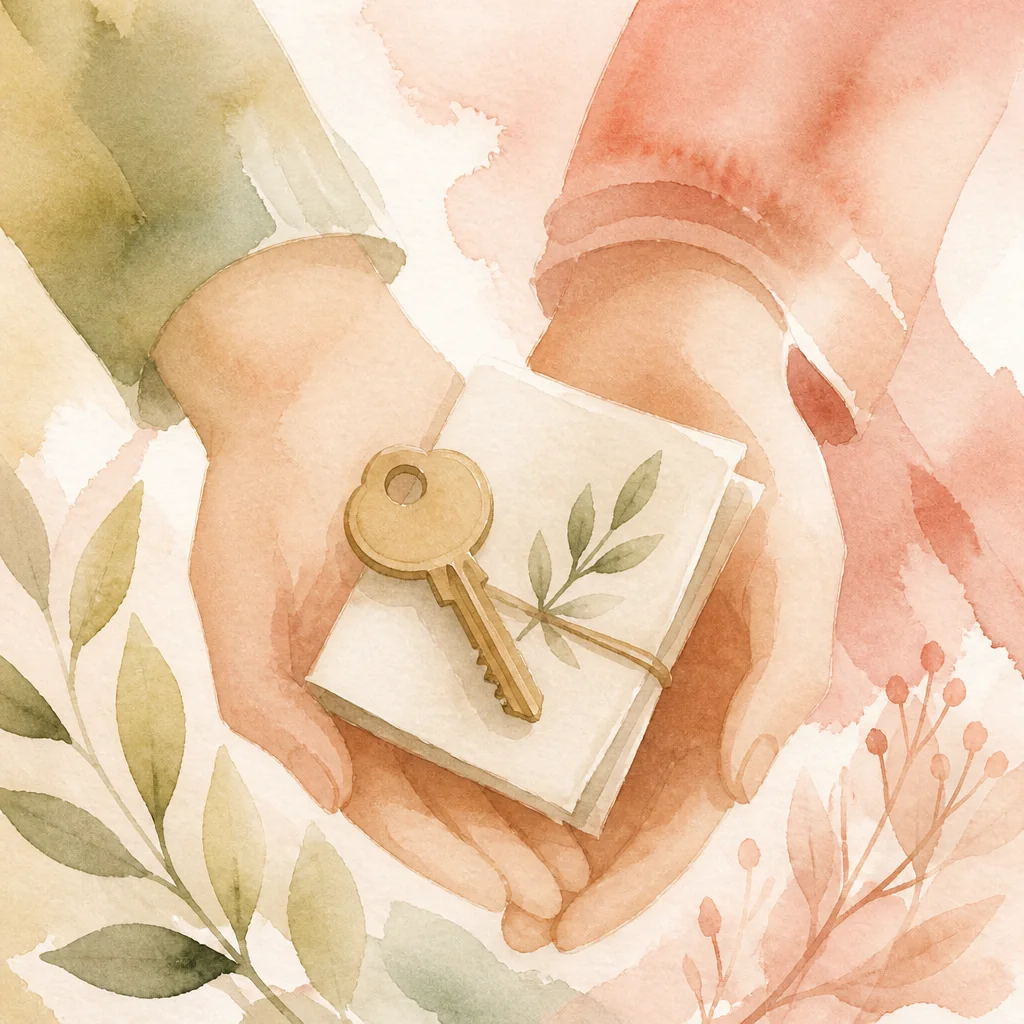 Watercolor illustration of two hands holding a house key and a folded document together