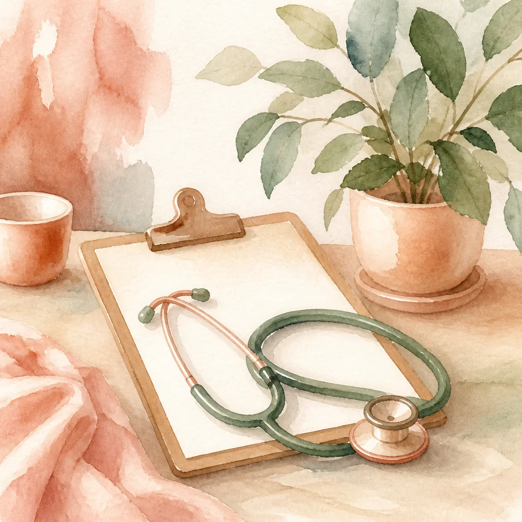 Watercolor illustration of a clipboard and stethoscope resting on a painted table beside a small plant
