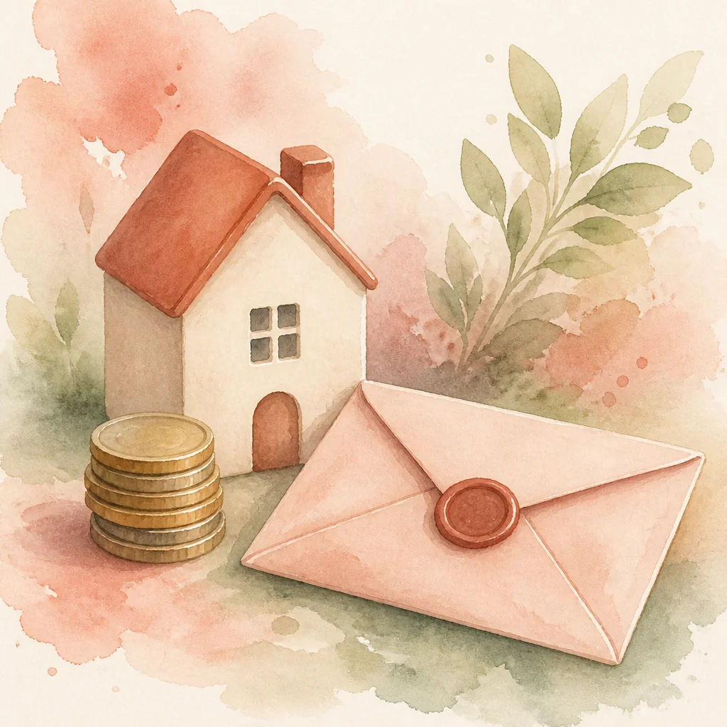 Watercolor illustration of a small house, a stack of coins and a sealed envelope on a painted surface