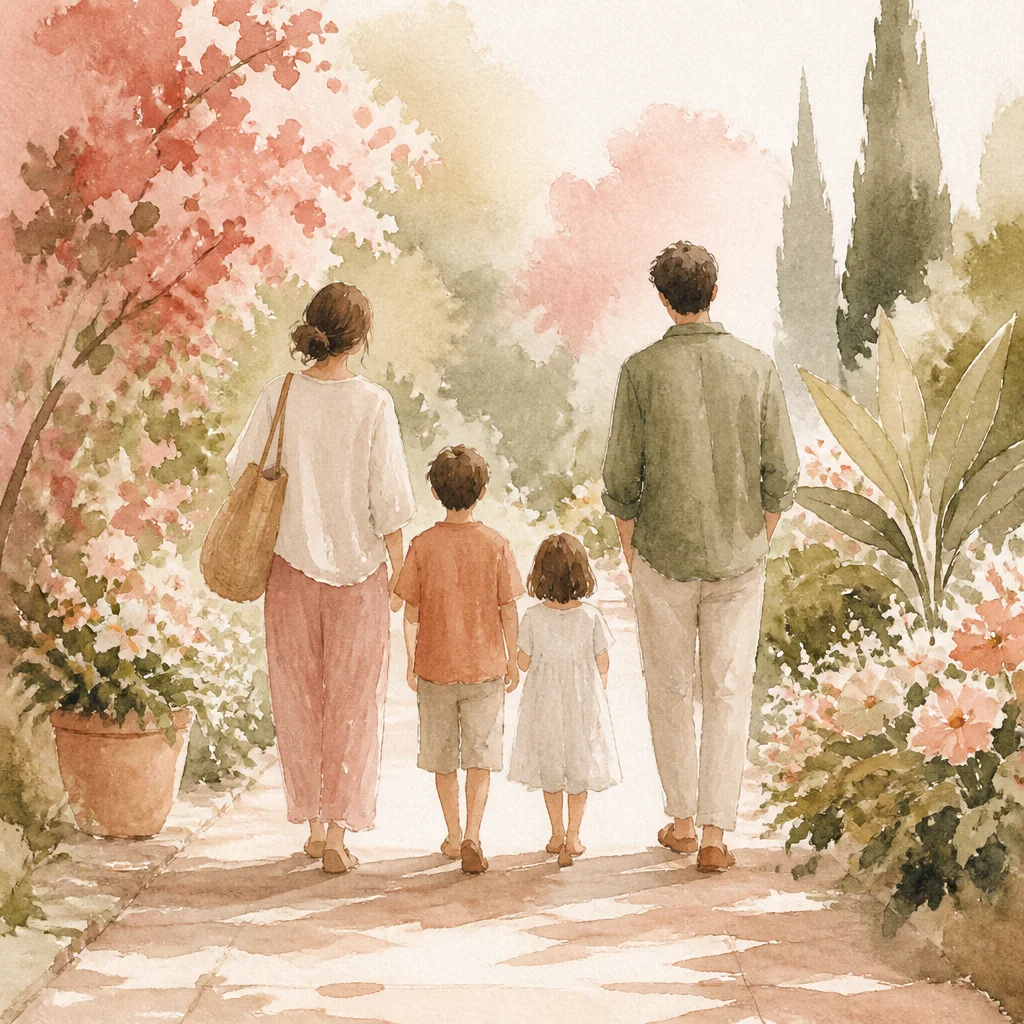 Watercolor illustration of two adults and two children walking along a painted garden path