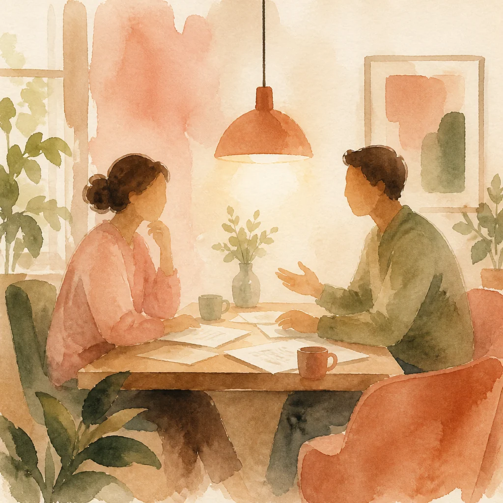 Watercolor illustration of two adults seated across a desk with papers between them under a warm lamp