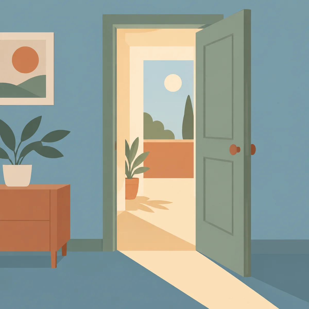 flat vector illustration of an open door with warm light beyond